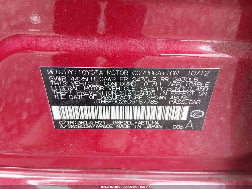 2013 Lexus Is VIN JTHBF5C26D5187785 IAAI salvage auction — FRONT END, Salvage (South Carolina), sold $525 on 2026-07-28 (photo 9)