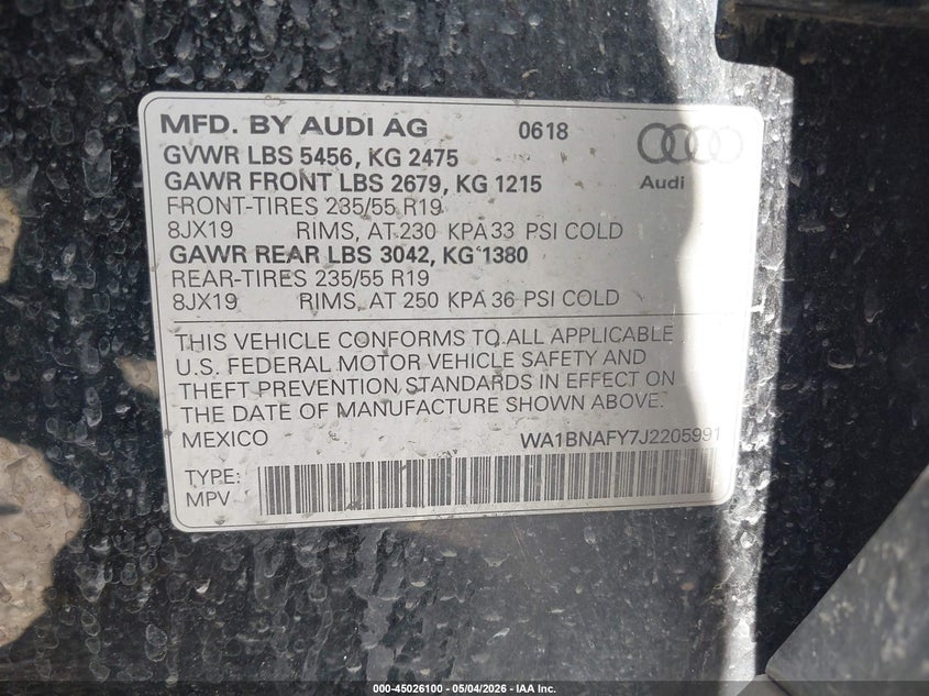 2018 Audi Q5 VIN WA1BNAFY7J2205991 IAAI salvage auction — UNKNOWN, Salvage (Texas), sold $7,100 on 2026-07-23 (photo 9)