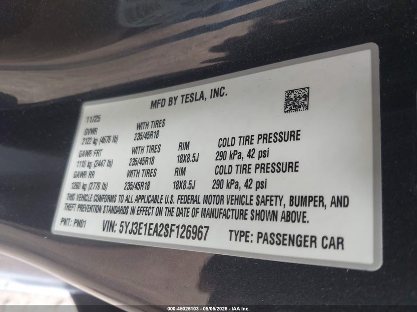 2025 Tesla Model 3 VIN 5YJ3E1EA2SF126967 IAAI salvage auction — FRONT END, Original (Texas), sold $19,100 on 2026-07-09 (photo 9)