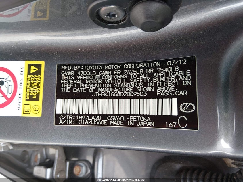 2013 Lexus ES VIN JTHBK1GG8D2009503 IAAI salvage auction — FRONT & REAR, Salvage (Alabama), sold $750 on 2026-07-29 (photo 9)