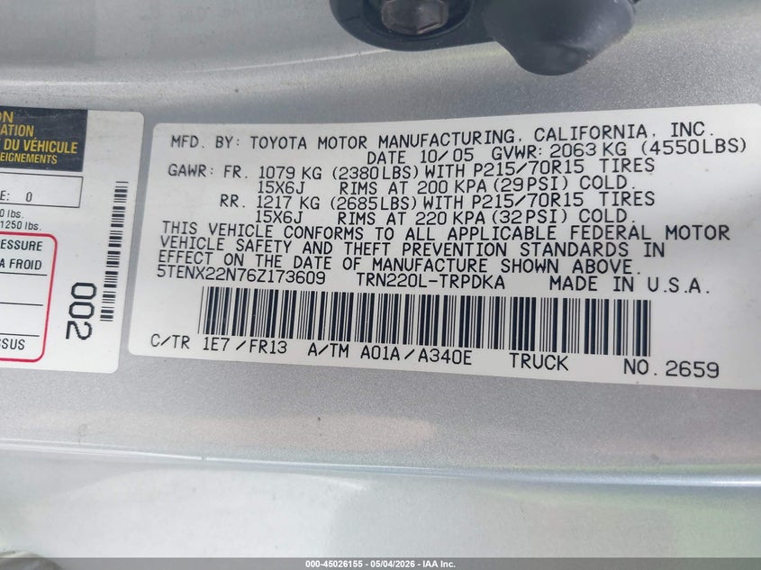 2006 Toyota Tacoma VIN 5TENX22N76Z173609 IAAI salvage auction — REAR END, Salvage (California), sold $1,675 on 2026-07-08 (photo 9)