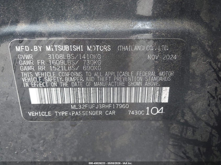 2024 Mitsubishi Mirage VIN ML32FUFJ3RHF17960 IAAI salvage auction — FRONT END, Wait Title, sold $925 on 2026-09-27 (photo 9)