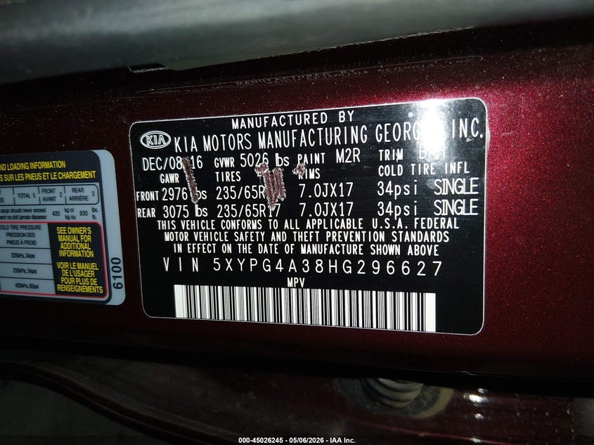 2017 Kia Sorento VIN 5XYPG4A38HG296627 IAAI salvage auction — REAR END, Salvage (Arizona), sold $2,100 on 2026-07-28 (photo 9)