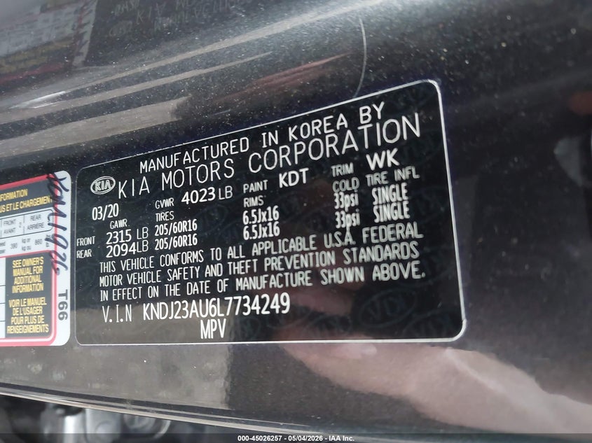 2020 Kia Soul VIN KNDJ23AU6L7734249 IAAI salvage auction — LEFT SIDE, Salvage (Indiana), sold $3,300 on 2026-07-08 (photo 9)