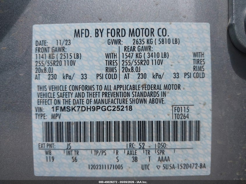2023 Ford Explorer VIN 1FMSK7DH9PGC25218 IAAI salvage auction — HAIL, Original (Texas), sold $12,200 on 2026-07-29 (photo 9)