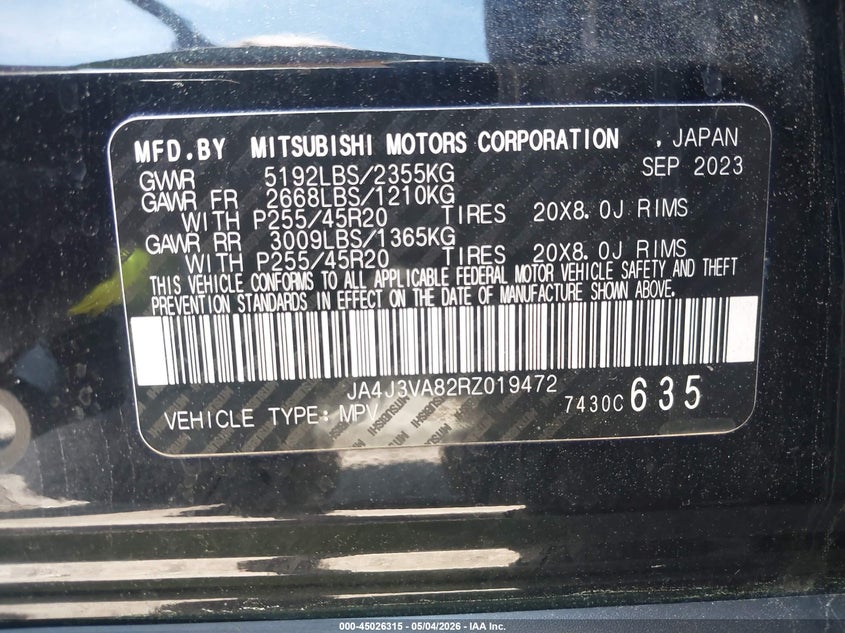 2024 Mitsubishi Outlander VIN JA4J3VA82RZ019472 IAAI salvage auction — FRONT END, Salvage (Georgia), sold $7,450 on 2026-07-24 (photo 9)