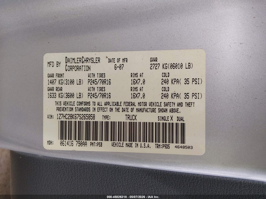 2007 Mitsubishi Raider VIN 1Z7HC28K67S265858 IAAI salvage auction — FRONT END, Salvage (Mississippi), sold $425 on 2026-07-09 (photo 9)