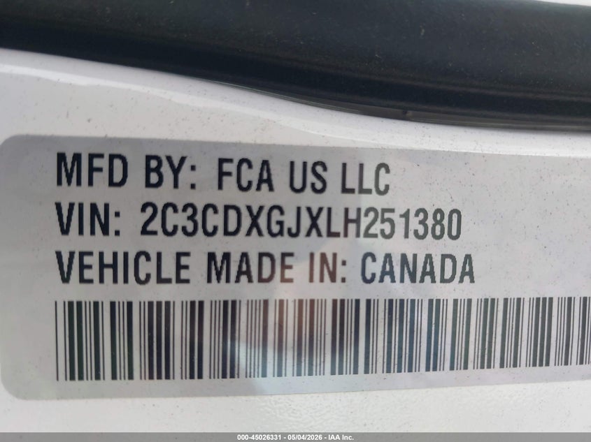 2020 Dodge Charger VIN 2C3CDXGJXLH251380 IAAI salvage auction — FRONT END, Salvage (California), sold $14,100 on 2026-07-09 (photo 9)