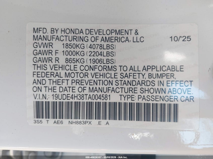 2026 Acura Integra VIN 19UDE4H38TA004581 IAAI salvage auction — FRONT END, Salvage Title, sold $9,525 on 2026-08-18 (photo 9)