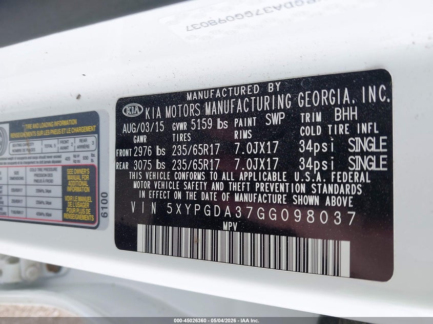 2016 Kia Sorento VIN 5XYPGDA37GG098037 IAAI salvage auction — RIGHT SIDE, Clear (Indiana), sold $625 on 2026-07-15 (photo 9)