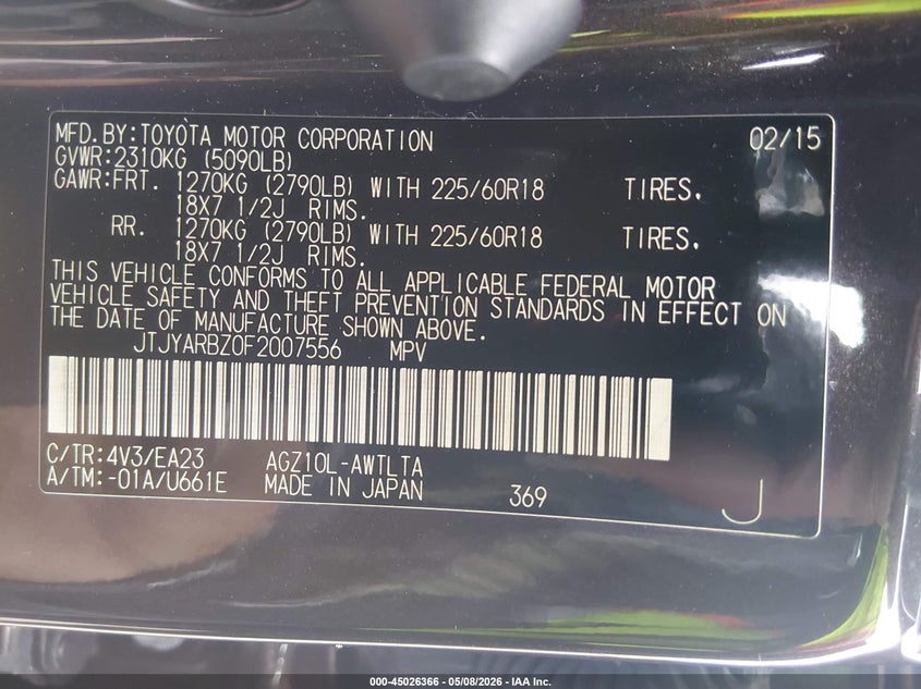 2015 Lexus Nx VIN JTJYARBZ0F2007556 IAAI salvage auction — LEFT FRONT, Salvage Title, sold $7,100 on 2026-07-29 (photo 9)