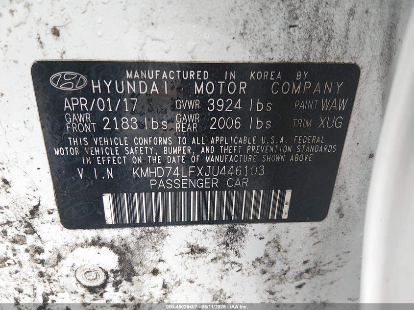 2018 Hyundai Elantra VIN KMHD74LFXJU446103 IAAI salvage auction — FRONT END, Salvage (North Carolina), sold $475 on 2026-07-22 (photo 9)