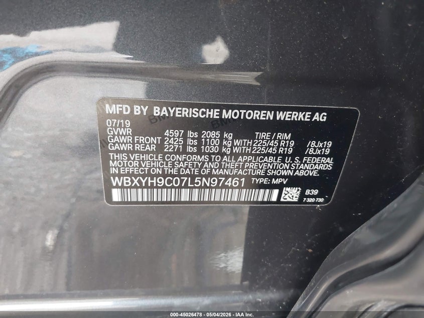 2020 BMW X2 VIN WBXYH9C07L5N97461 IAAI salvage auction — FRONT END, Salvage Title, sold $3,100 on 2026-07-09 (photo 9)