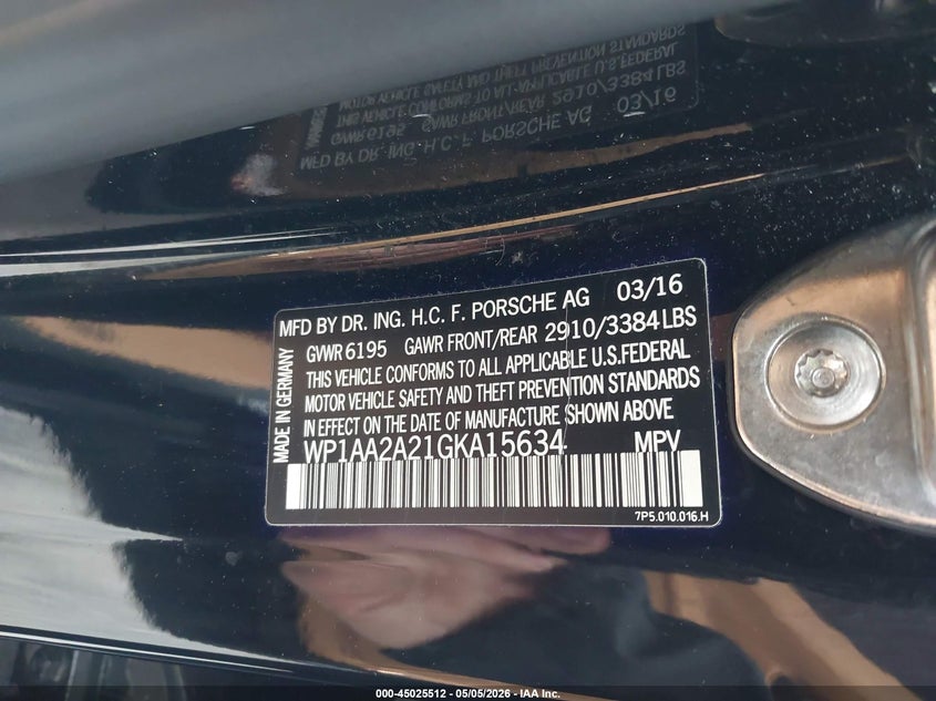 2016 Porsche Cayenne VIN WP1AA2A21GKA15634 IAAI salvage auction — HAIL, Salvage (Ohio), sold $10,300 on 2026-07-17 (photo 9)