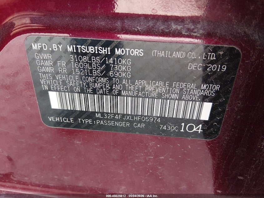 2020 Mitsubishi Mirage VIN ML32F4FJXLHF05974 IAAI salvage auction — FRONT END, Salvage (Texas), sold $475 on 2026-07-14 (photo 9)
