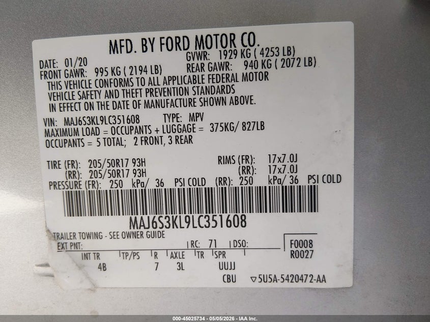 2020 Ford Ecosport VIN MAJ6S3KL9LC351608 IAAI salvage auction — FRONT END, Salvage (Texas), sold $750 on 2026-08-01 (photo 9)
