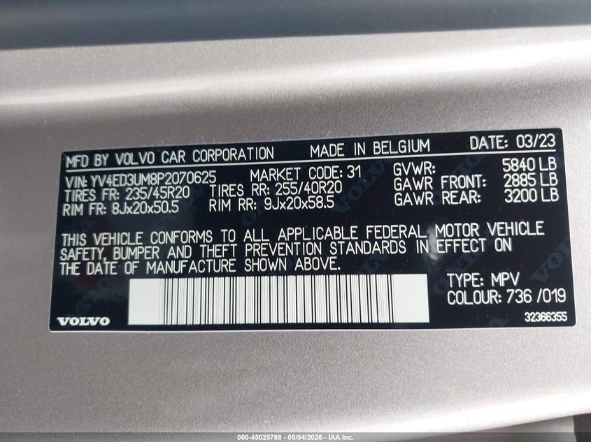 2023 Volvo Xc40 VIN YV4ED3UM8P2070625 IAAI salvage auction — FRONT END, Wait Title, sold $8,500 on 2026-08-31 (photo 9)