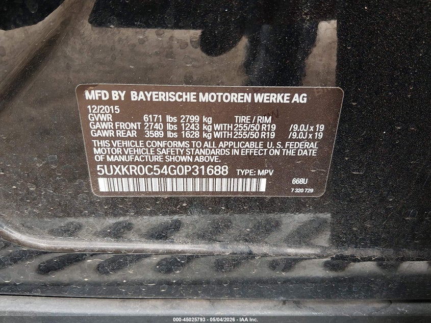 2016 BMW X5 VIN 5UXKR0C54G0P31688 IAAI salvage auction — REAR END, Salvage (Arizona), sold $5,100 on 2026-07-28 (photo 9)