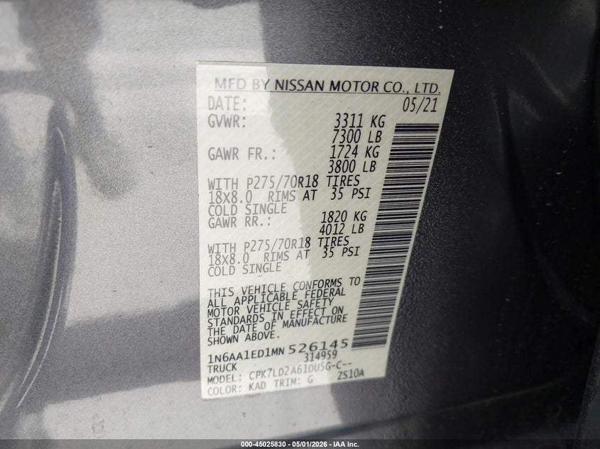 2021 Nissan TITAN VIN 1N6AA1ED1MN526145 IAAI salvage auction — Front End, Salvage (Nevada), sold $16,900 on 2026-06-03 (photo 9)