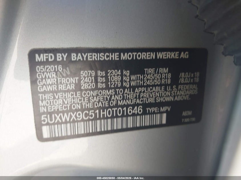 2017 BMW X3 VIN 5UXWX9C51H0T01646 IAAI salvage auction — FRONT END, Salvage (Georgia), sold $3,000 on 2026-07-18 (photo 9)