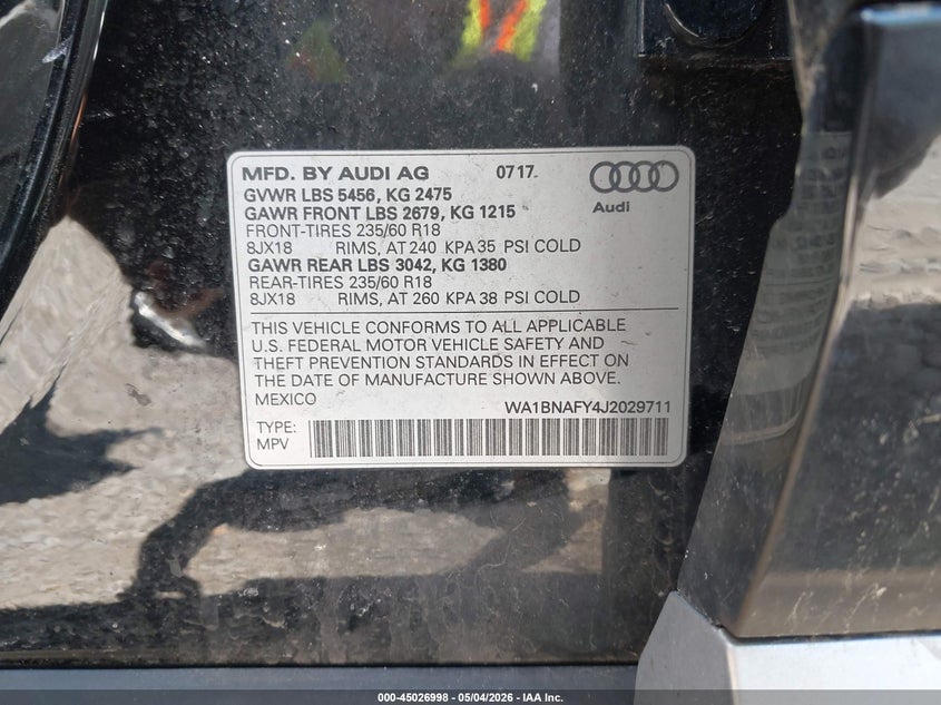 2018 Audi Q5 VIN WA1BNAFY4J2029711 IAAI salvage auction — RIGHT SIDE, Salvage (New Jersey), sold $4,800 on 2026-07-29 (photo 9)