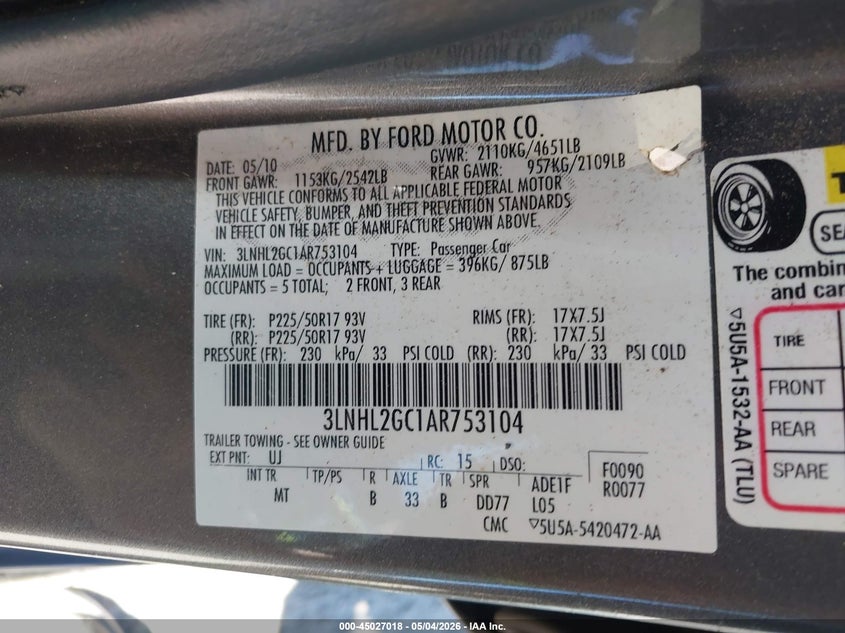2010 Lincoln Mkz VIN 3LNHL2GC1AR753104 IAAI salvage auction — FRONT END, Salvage (New Jersey), sold $425 on 2026-07-31 (photo 9)
