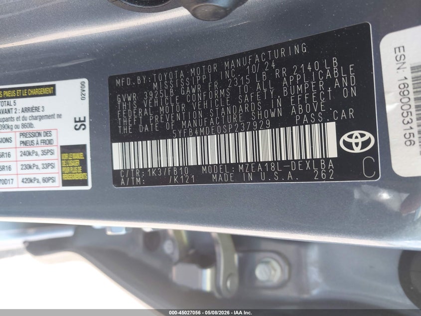 2025 Toyota Corolla VIN 5YFB4MDE0SP237929 IAAI salvage auction — FRONT END, Salvage (Virginia), sold $3,650 on 2026-07-28 (photo 9)