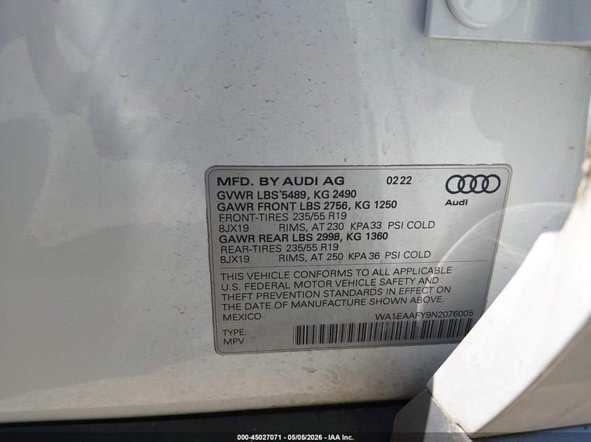 2022 Audi Q5 VIN WA1EAAFY9N2076005 IAAI salvage auction — FRONT END, Salvage - Greater Than 75% (Maryland), sold $13,400 on 2026-08-01 (photo 9)