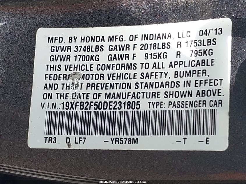 2013 Honda Civic VIN 19XFB2F50DE231805 IAAI salvage auction — REAR END, Salvage (Oregon), sold $825 on 2026-07-09 (photo 9)