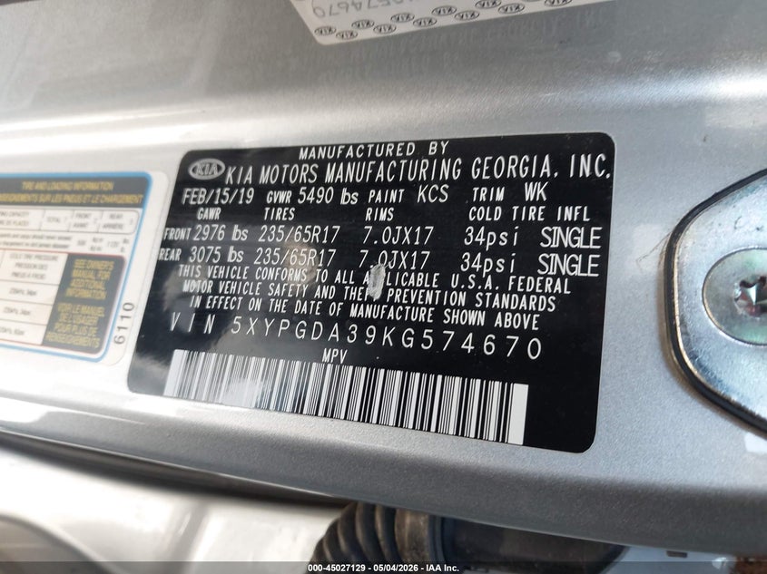 2019 Kia Sorento VIN 5XYPGDA39KG574670 IAAI salvage auction — RIGHT FRONT, Clear (Michigan), sold $3,500 on 2026-07-20 (photo 9)