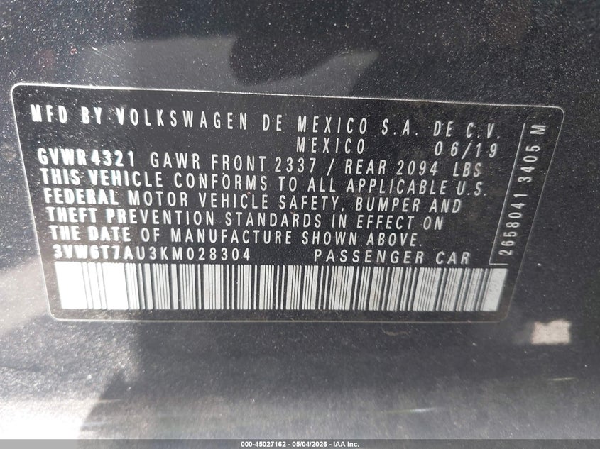 2019 Volkswagen Golf gti VIN 3VW6T7AU3KM028304 IAAI salvage auction — FRONT END, Rebuildable (Florida), sold $7,775 on 2026-09-03 (photo 9)