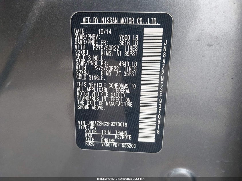 2015 Infiniti Qx80 VIN JN8AZ2NC3F9370618 IAAI salvage auction — FRONT END, Original (Texas), sold $3,075 on 2026-07-22 (photo 9)