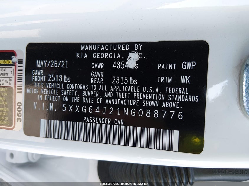 2022 Kia K5 VIN 5XXG64J21NG088776 IAAI salvage auction — RIGHT FRONT, Salvage Title, sold $3,250 on 2026-07-27 (photo 9)