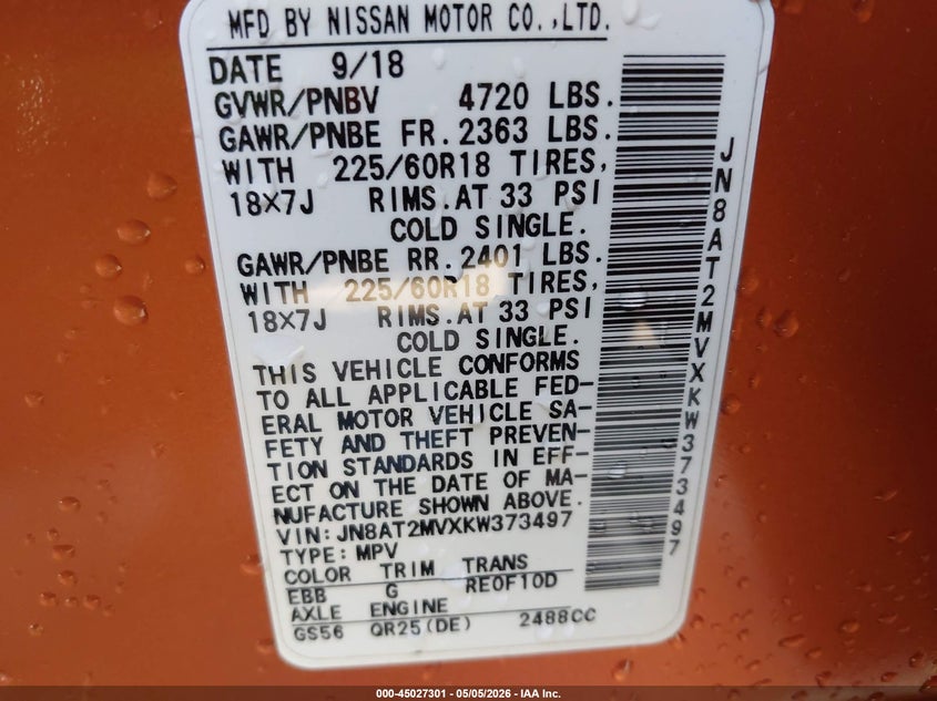 2019 Nissan Rogue VIN JN8AT2MVXKW373497 IAAI salvage auction — RIGHT SIDE, Clear (Virginia), sold $25 on 2026-07-27 (photo 9)