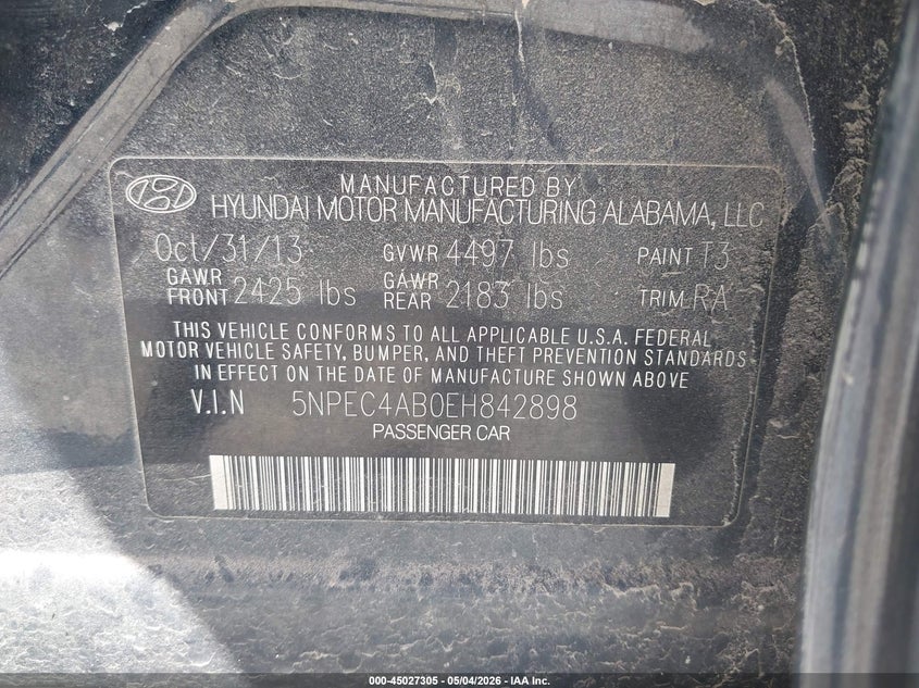 2014 Hyundai Sonata VIN 5NPEC4AB0EH842898 IAAI salvage auction — NORMAL WEAR, Clear (Montana), sold $600 on 2026-07-06 (photo 9)