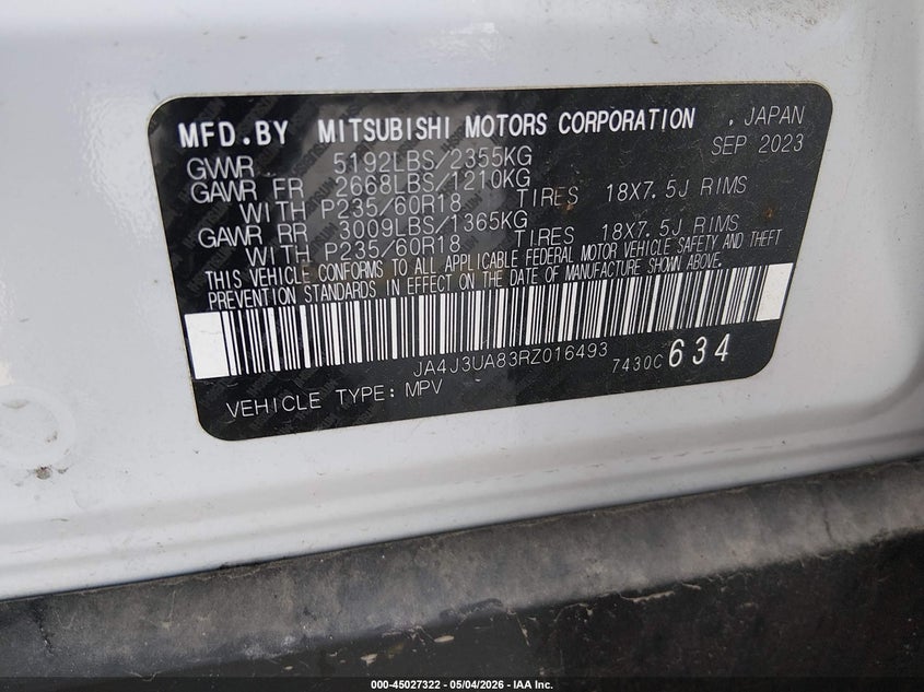 2024 Mitsubishi Outlander VIN JA4J3UA83RZ016493 IAAI salvage auction — FRONT END, Salvage (Texas), sold $6,000 on 2026-07-16 (photo 9)