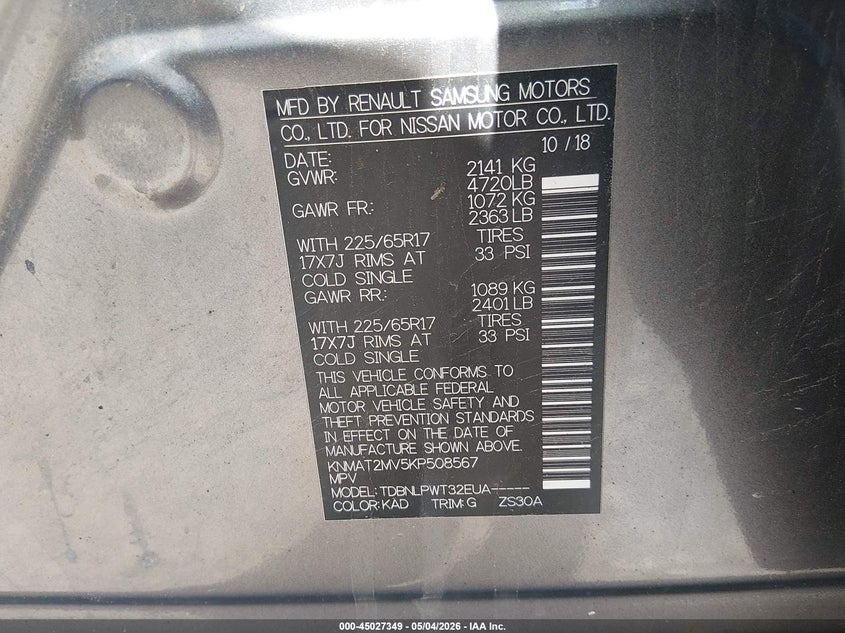 2019 Nissan Rogue VIN KNMAT2MV5KP508567 IAAI salvage auction — FRONT END, Mv-907A (New York), sold $2,750 on 2026-07-09 (photo 9)