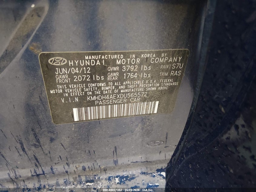 2013 Hyundai Elantra VIN KMHDH4AEXDU565572 IAAI salvage auction — REAR END, Salvage (California), sold $1,900 on 2026-07-15 (photo 9)