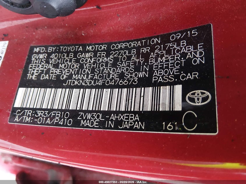 2015 Toyota Prius VIN JTDKN3DU4F0476673 IAAI salvage auction — ALL OVER, Bill Of Sale (Kentucky), sold $25 on 2026-07-29 (photo 9)