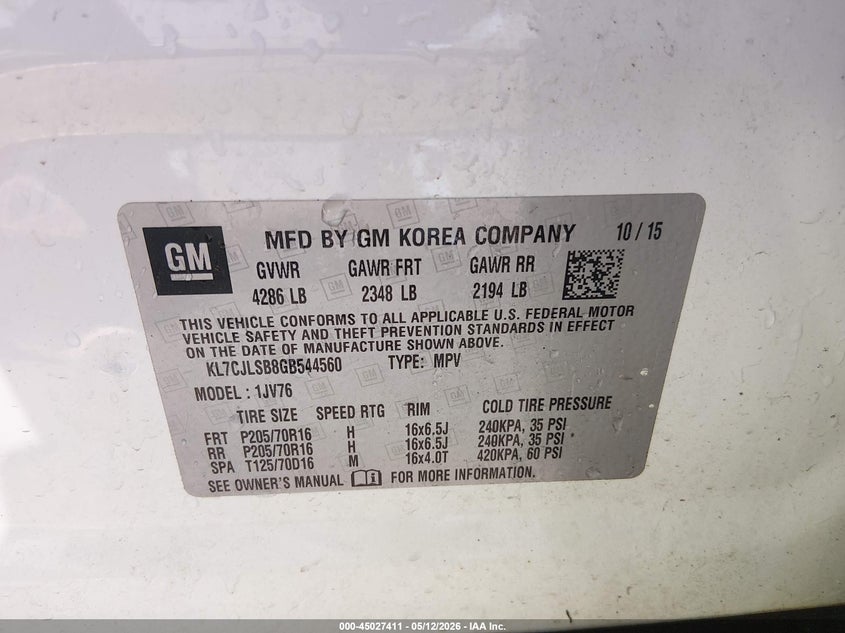 2016 Chevrolet Trax VIN KL7CJLSB8GB544560 IAAI salvage auction — RIGHT FRONT, Salvage (Missouri), sold $1,200 on 2026-07-28 (photo 9)