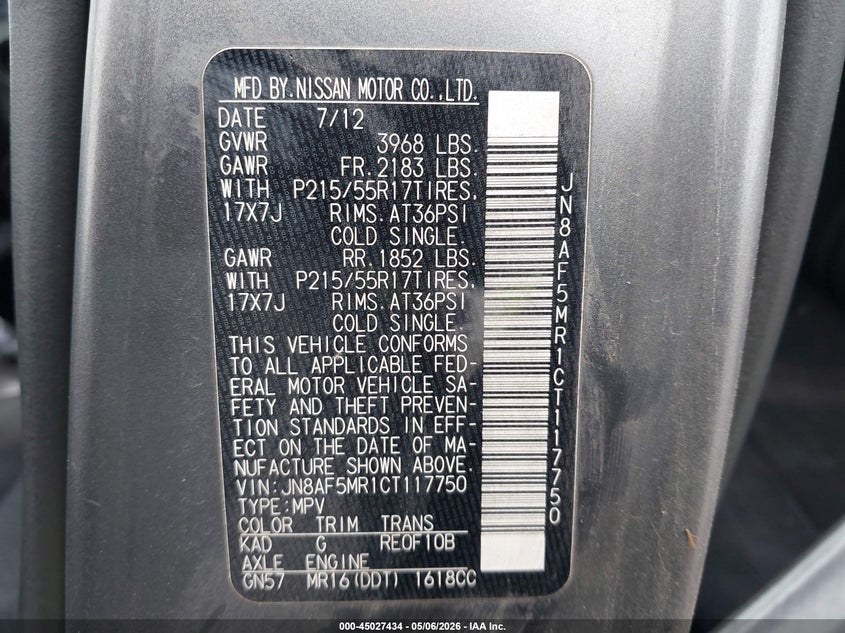 2012 Nissan Juke VIN JN8AF5MR1CT117750 IAAI salvage auction — FRONT END, Original (Texas), sold $600 on 2026-07-15 (photo 9)