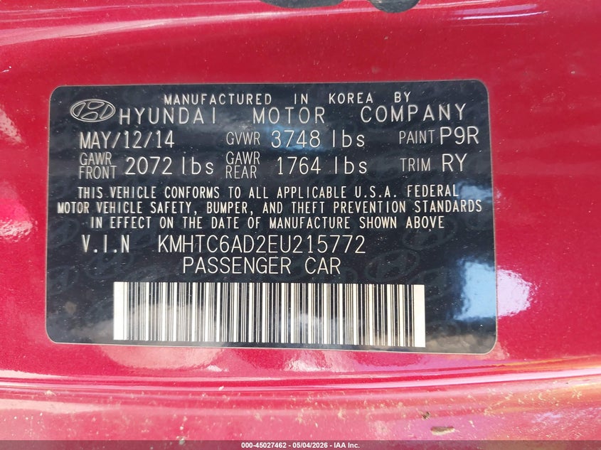 2014 Hyundai Veloster VIN KMHTC6AD2EU215772 IAAI salvage auction — SIDE, Repossession Paperwork (Georgia), sold $375 on 2026-07-16 (photo 9)