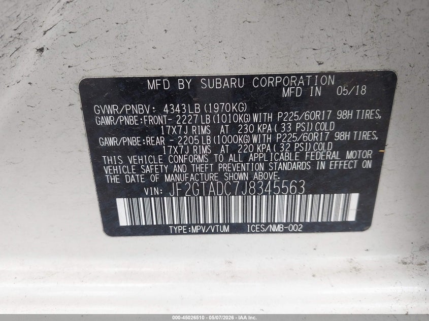 2018 Subaru Xv VIN JF2GTADC7J8345563 IAAI salvage auction — RIGHT FRONT, Salvage (Pennsylvania), sold $4,050 on 2026-07-21 (photo 9)