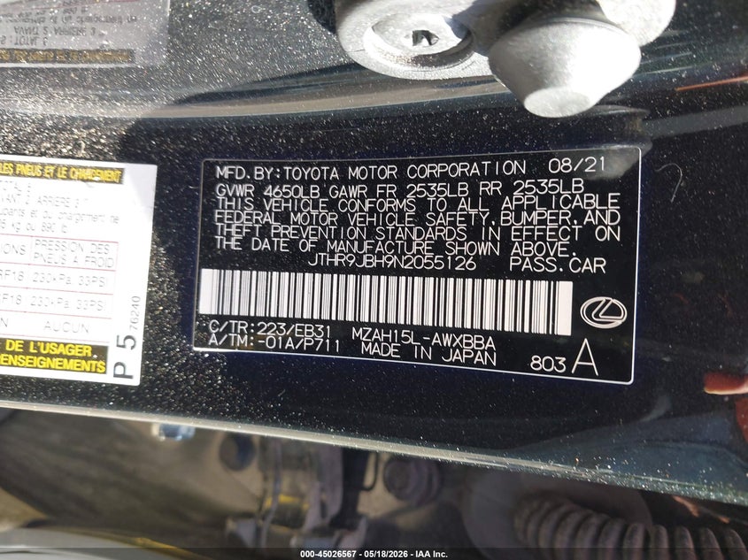 2022 Lexus Ux VIN JTHR9JBH9N2055126 IAAI salvage auction — FRONT END, Salvage Title, sold $12,200 on 2026-07-09 (photo 9)