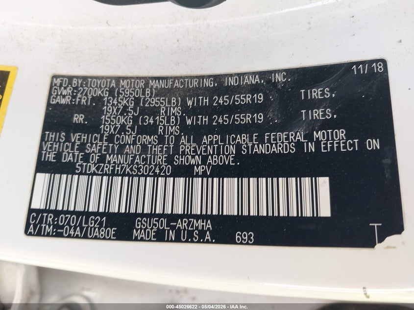 2019 Toyota Highlander VIN 5TDKZRFH7KS302420 IAAI salvage auction — LEFT SIDE, Original (Texas), sold $7,750 on 2026-07-14 (photo 9)