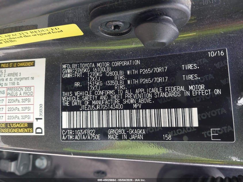 2016 Toyota 4runner VIN JTEZU5JR7G5143400 IAAI salvage auction — FRONT & REAR, Original (Texas), sold $8,325 on 2026-07-08 (photo 9)