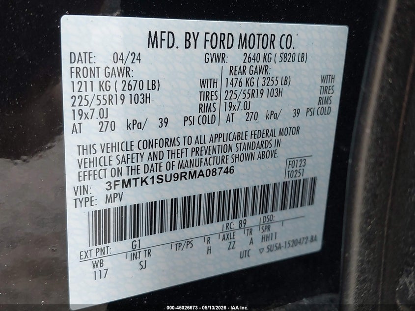 2024 Ford Mustang mach-e VIN 3FMTK1SU9RMA08746 IAAI salvage auction — LEFT SIDE, Mv-907A (New York), sold $9,200 on 2026-07-30 (photo 9)