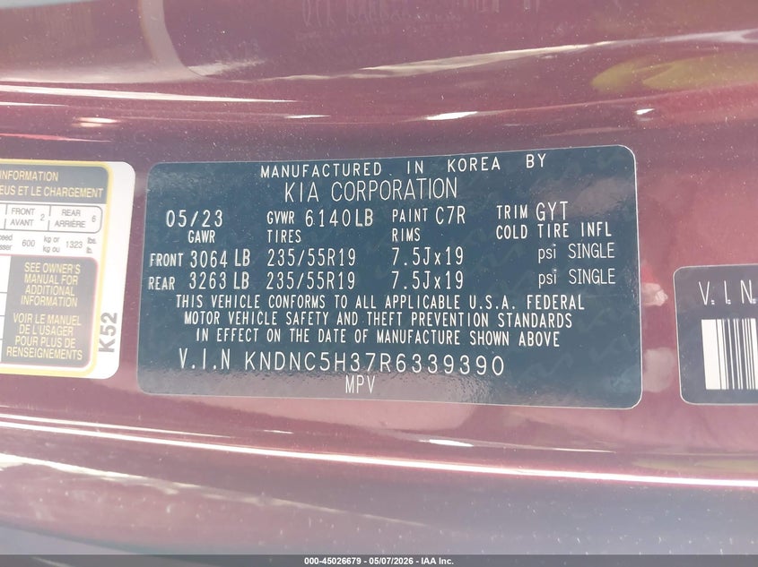 2024 Kia Carnival VIN KNDNC5H37R6339390 IAAI salvage auction — FRONT END, Salvage - 75% Or Less (Maryland), sold $6,950 on 2026-07-27 (photo 9)