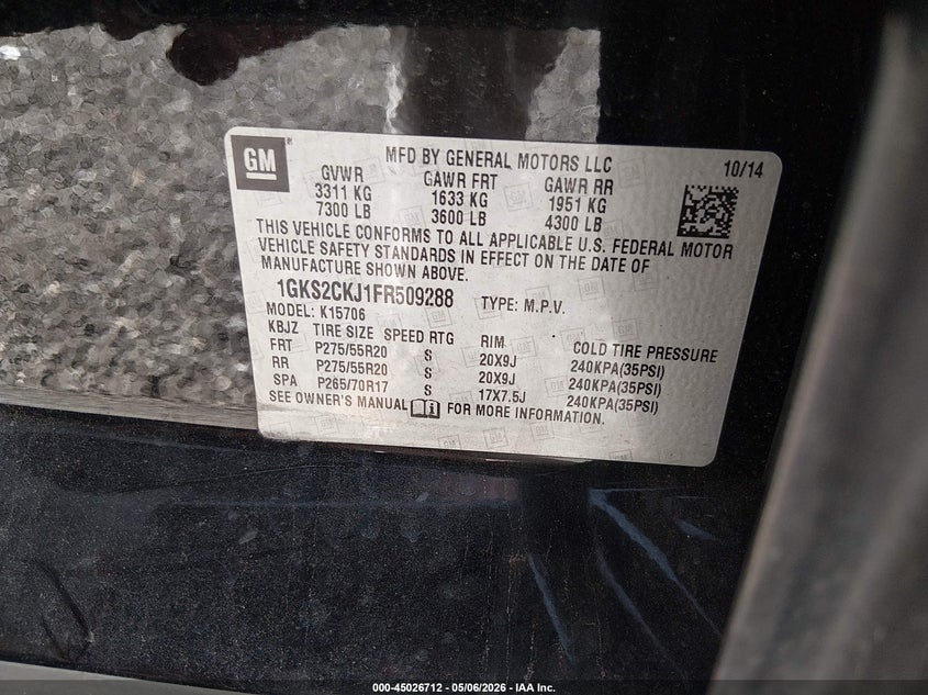 2015 Gmc Yukon VIN 1GKS2CKJ1FR509288 IAAI salvage auction — FRONT END, Salvage (South Carolina), sold $3,500 on 2026-07-11 (photo 9)