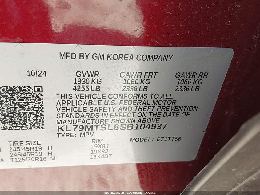 2025 Chevrolet Trailblazer VIN KL79MTSL6SB104937 IAAI salvage auction — NORMAL WEAR, Salvage (Texas), sold $425 on 2026-07-29 (photo 9)